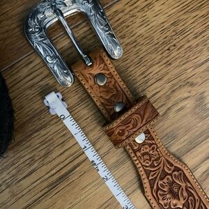 Floral Embossed Leather Belt with Silver Buckle